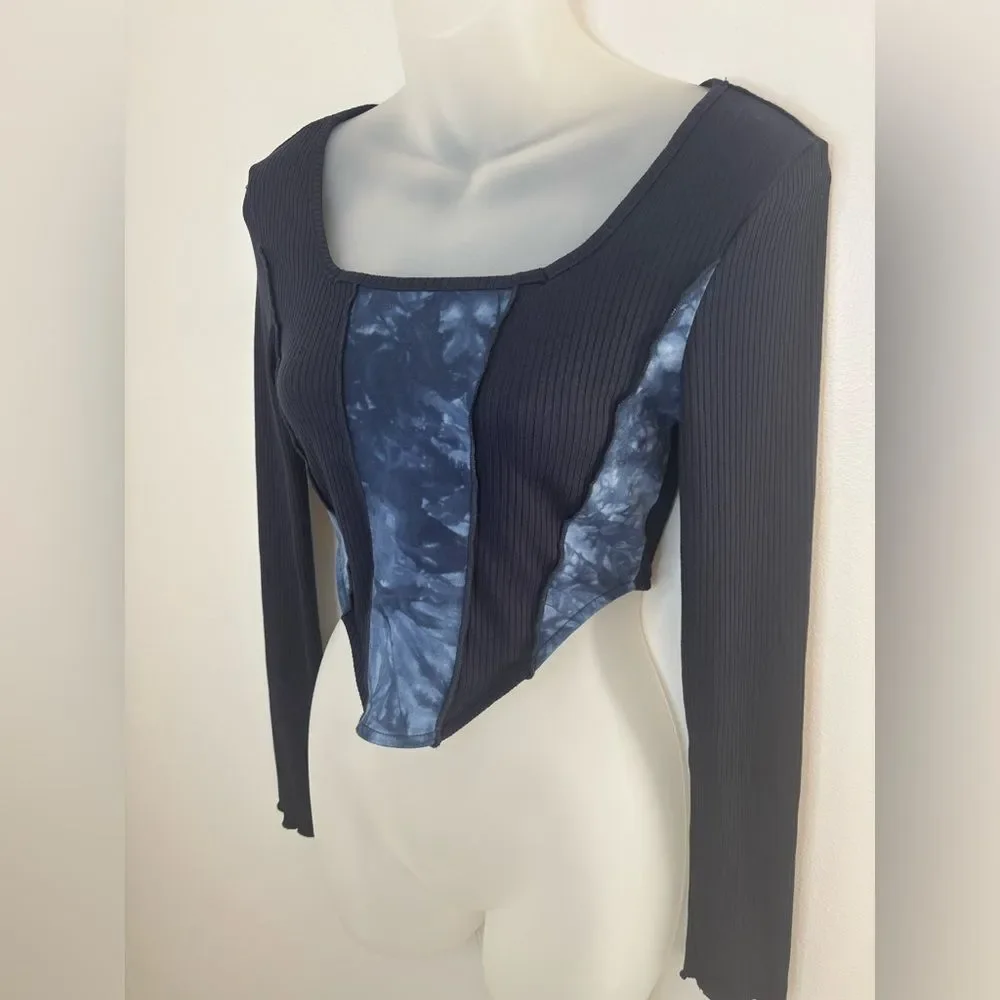 SHEIN Blue Tie Dye Long Sleeve Rib Knit Crop Top Size Small